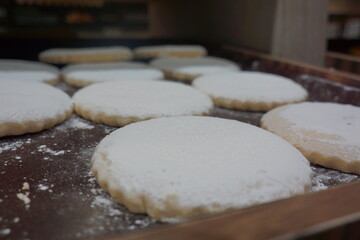 Flat Spanish polvorones with white powder, in tray, macro, well lit