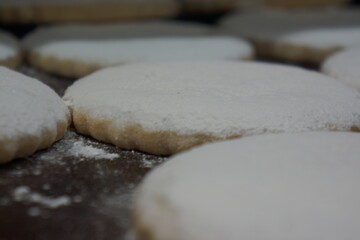 Flat Spanish polvorones with white powder, in tray, macro, well lit