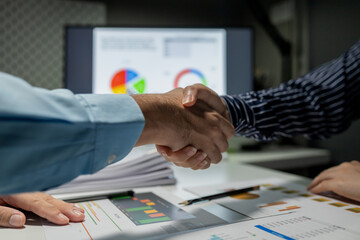 partnership and business people shaking hands in the office for a deal, collaboration or onboarding, professional and employees with handshake for agreement,