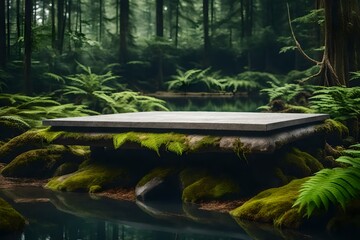 A forest floor with moss, ferns, and trees behind is set behind a barren stone platform that is placed on the lake