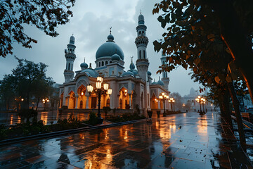Beautiful mosque with an atmosphere after the rain, in the afternoon