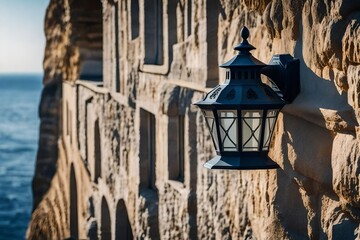 A lamp on a stone wall with a view of the ocean