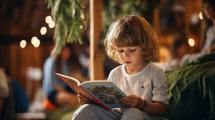 A little kid reading a book sitting at a kindergarten, world book day