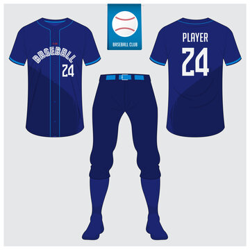 Baseball uniform, sport jersey, t-shirt sport, short, sock template. Baseball t-shirt mock up. Front and back view sport uniform. Flat baseball logo on blue label. 