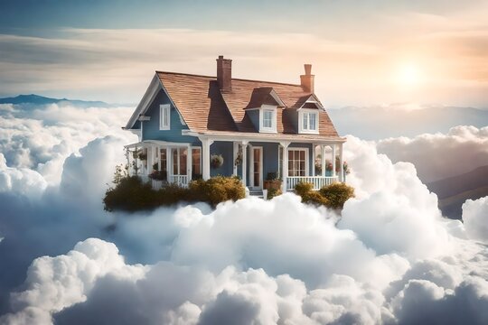 An idyllic, whimsical picture of a house perched on a cloud