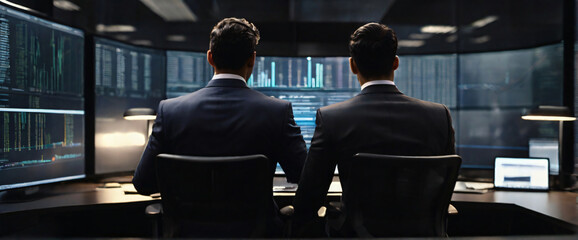 buying stocks with a mesmerizing depiction of an businessman, their back presented in a half-turn, wearing suits in an office, seated in front of a commanding monitor, engrossed in the process