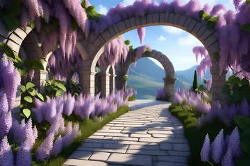 Gordijnen Fantasy landscape of a fairy garden with a stone arch and lilacs., lilac bushes, stone arch, portal, entrance, unreal world © Stone Shoaib