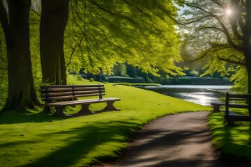 Footpath with bench surrounded by lush trees on green grass in a park by a river in village, wonderful sunny spring day