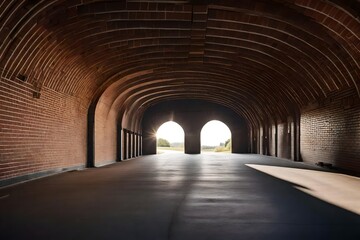 Front view of interior of an empty vehicular tunnel with a curve in background, brick walls, concrete roof and openings where sunlight enters