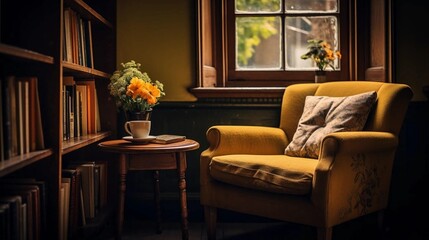 Cozy reading corner with comfortable armchair next to a window and a library shelf, world book day