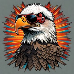 A crazy-looking american bald eagle bird character animal with reflective sunglasses, very detailed vector style  illustration with vintage 1980s colors