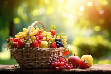 An arrangement featuring a variety of fresh fruits, including apples, neatly presented in a charming basket