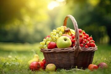 Healthy fresh fruits like apples, grapes, and pears arranged in a white basket, capturing the essence of autumn and nature's bounty
