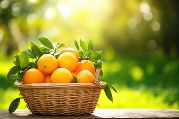 Oranges and other citrus fruits neatly arranged in a healthy, fresh, and vibrant basket, showcasing a delicious variety of ripe and juicy options