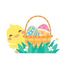 Cartoon chick with Easter eggs in the grass and Easter egg search activity with children.