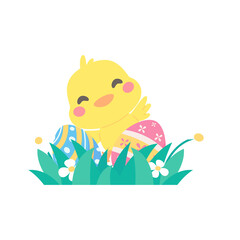 Cartoon chick with Easter eggs in the grass and Easter egg search activity with children.