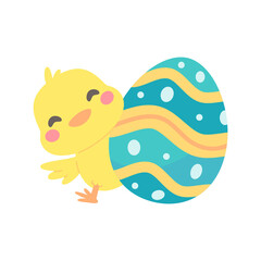 Cartoon chick with Easter eggs in the grass and Easter egg search activity with children.