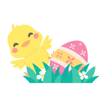 Cartoon chick with Easter eggs in the grass and Easter egg search activity with children.