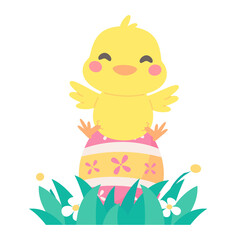 Cartoon chick with Easter eggs in the grass and Easter egg search activity with children.