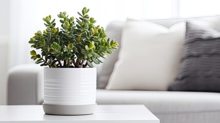 jade plant crassula ovata Contemporary Home Interior with Stylish Furniture, Plant Decoration, and Elegant Design in a Modern Living Room