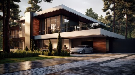 Modern Style house, Explore diverse residences, from idyllic beach houses to charming wooden cottages nestled amidst lush greenery - obrazy, fototapety, plakaty