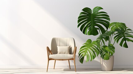 monstera deliciosa, Green chair and table adorned with flowers in a luxuriously designed interior room, featuring comfortable furniture, contemporary style, and warm lighting