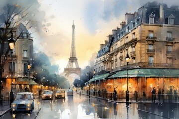 Paris france watercolour style - obrazy, fototapety, plakaty