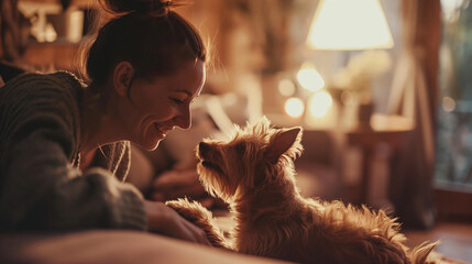 Woman smiling and holding the paw of her cute little dog at home
