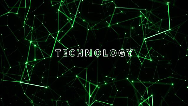 Animated futuristic Neon Green Lines, points, and polygons Looped moving dots and lines. Abstract black background with moving and glowing dots and lines Network connection structure.
