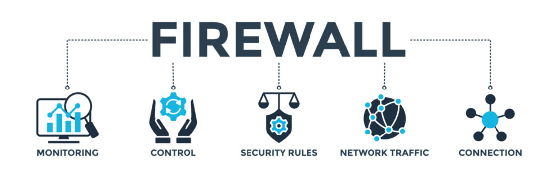 Firewall banner concept for network security system with icon of monitoring, control, security rules, network traffic and connection.  Web icon vector illustration