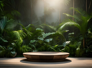 A wooden bowl with a green background, Product podium