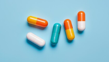 Colorful Medicine Pills on Light Blue Background