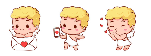 Set cute Adorable Cupid cartoon character. Amur babies, little angels or god eros. Valentines day concept design. Adorable angel in love. Kawaii chibi vector character. Isolated white background.