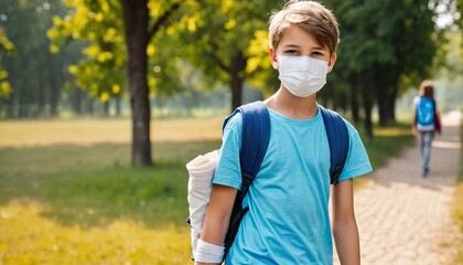 Teenage Boy with Mask and Bandage Walking to School - obrazy, fototapety, plakaty