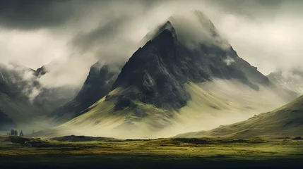 Fotobehang A mountain range covered in clouds and a foggy sky. The mountains are covered in green grass and the sky is cloudy © MAJGraphics