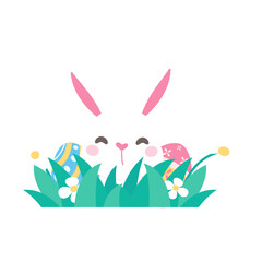 A cartoon bunny hiding behind colorfully decorated Easter eggs during the Easter Egg Festival.