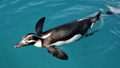 Top View of Humboldt Penguin Swimming in Water - obrazy, fototapety, plakaty