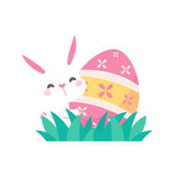 A cartoon bunny hiding behind colorfully decorated Easter eggs during the Easter Egg Festival.