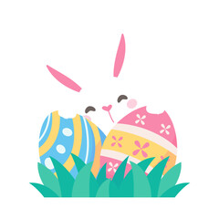 A cartoon bunny hiding behind colorfully decorated Easter eggs during the Easter Egg Festival.