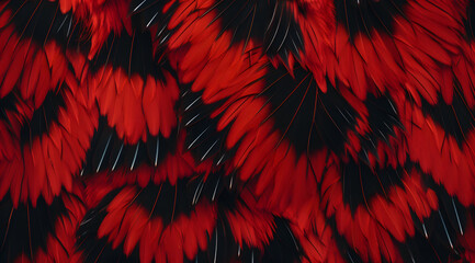 Scarlet moth feather texture: close up of red and black feathers. The feathers are arranged in a zigzag pattern - obrazy, fototapety, plakaty