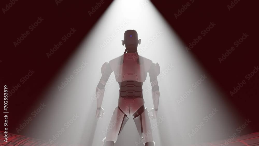 Poster beam of light above a robot cyber humanoid artificial intelligence taking over concept, 3d rendering