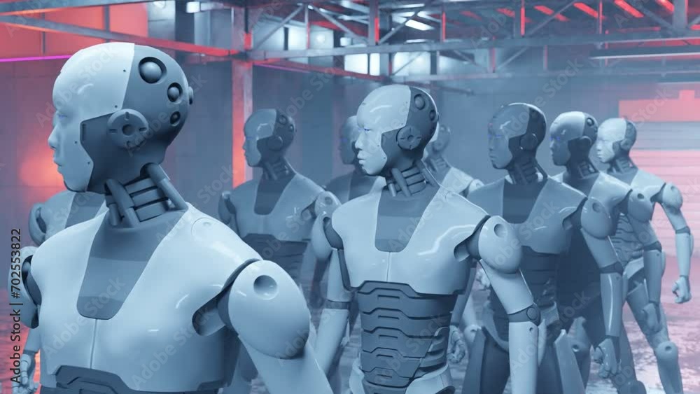 Poster close up of humanoid robot cyber prototype inside a factory, artificial intelligence taking over fut