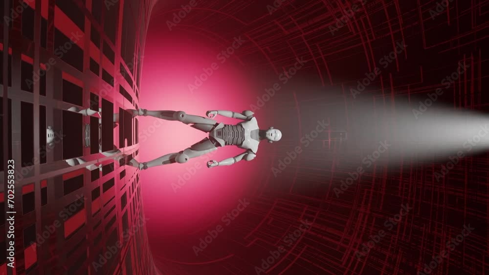 Poster vertical of beam of light above a robot cyber humanoid artificial intelligence taking over concept, 