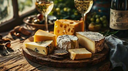 Tasty food photo of a plate of expensive cheese with truffles with a glass of sparkling wine on a wooden table - obrazy, fototapety, plakaty