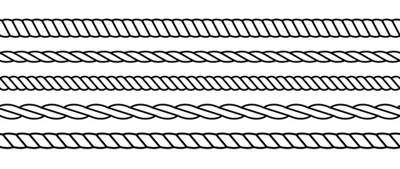 Repeating rope set. Seamless hemp cord line collection. Outline chain, braid, plait stripe bundle. Horizontal decorative plait pattern. Vector marine twine design elements for banner, poster, frame