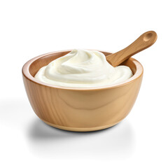 Sour cream in wooden bowl mayonnaise yogurt - obrazy, fototapety, plakaty