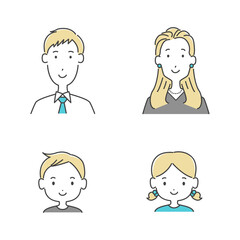 シンプルな4人家族の線画イラスト　
