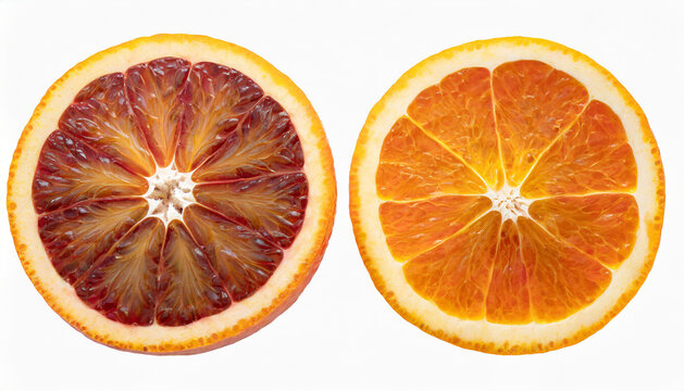 Top view of one ripe slice red orange citrus fruit isolated on white background