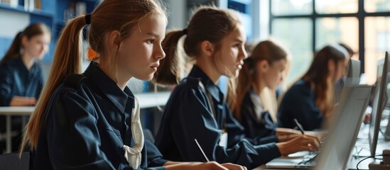 IT class with uniformed teenage students studying - obrazy, fototapety, plakaty
