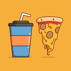 cute soda cup with melted slice pizza vector illustration